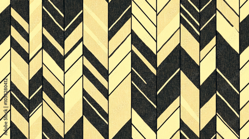 Abstract seamless pattern with black and yellow chevron stripes on textured background. Abstract seamless pattern with black and yellow chevron stripes on textured background.