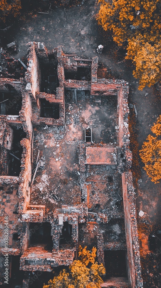 Obraz premium Close-up shot of urban ruins, revealing layers of history through a drones perspective, intricate textures, vibrant colors