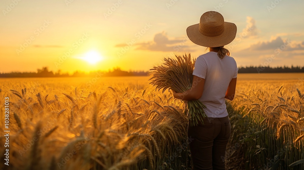 Fototapeta premium Woman in a wheat field at sunset, holding a sheaf of wheat.