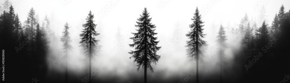 Silhouette of pine trees in misty forest, black and white isolated backdrop Silhouette of pine trees in misty forest, black and white isolated backdrop