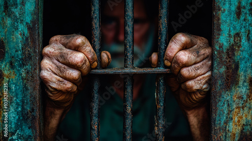 Hands of the prisoner on a steel lattice close up