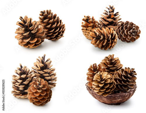 Set of pine cones, isolated on white background, cutout 