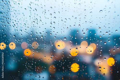 A close-up view of raindrops sliding down a windowpane with a blurred city photo