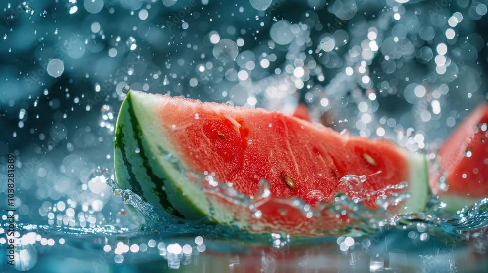 Watermelon in the water, splashing with drops of blue and green color Watermelon in the water, splashing with drops of blue and green color