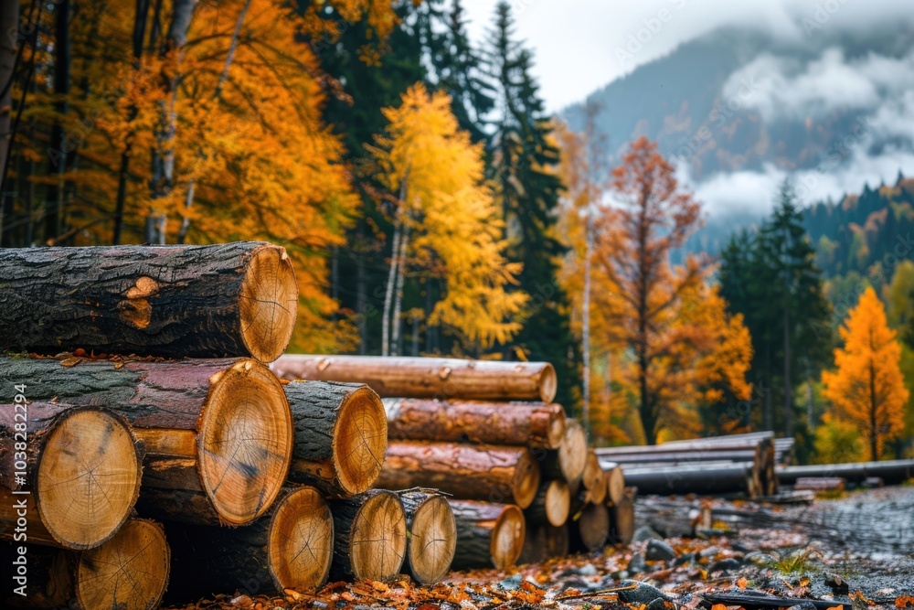 A neatly arranged stack of timber logs at a logging site, with colorful forest foliage in the background, illustrating the contrast between nature and industry A neatly arranged stack of timber logs at a logging site, with colorful forest foliage in the background, illustrating the contrast between nature and industry