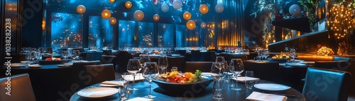 A stylish restaurant with a unique underwater theme. The tables are set with fine china and silverware. photo