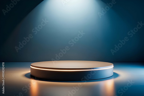 A modern illuminated podium with soft blue lighting on a sleek surface, creating a dramatic and minimalist presentation space.
