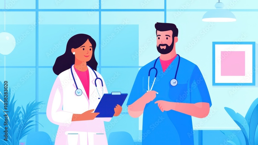 Fototapeta premium Collaborative Care: Doctor and Nurse Discuss Patient Progress in Cozy Nursing Home Lounge