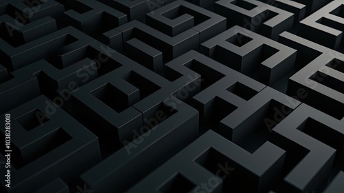 Abstract geometric pattern with black blocks creating an intricate maze-like structure on a dark background.