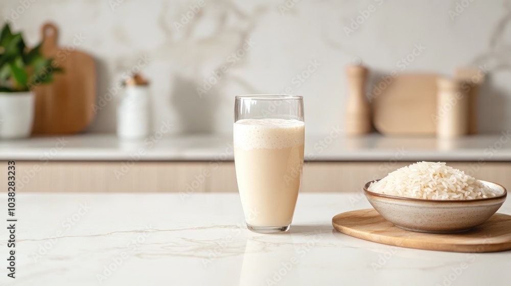 Glass of rice water with blurry kitchen background for weight loss diet concept Glass of rice water with blurry kitchen background for weight loss diet concept