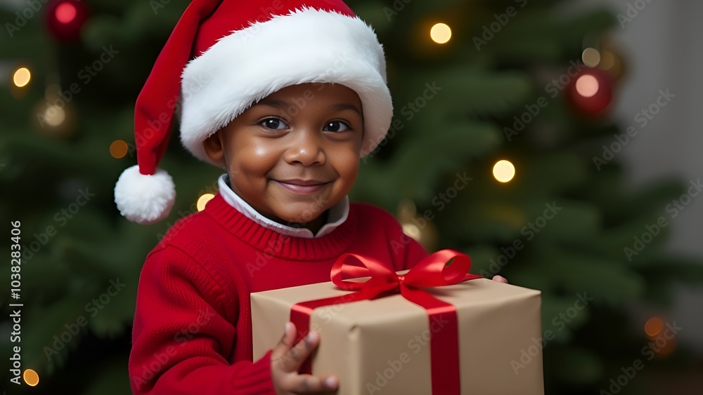 A cute smiling boy in a Santa Claus hat and a red sweater is holding a gift box in his hands. There is a Christmas tree with toys in the background. Christmas and New Year concept. A cute smiling boy in a Santa Claus hat and a red sweater is holding a gift box in his hands. There is a Christmas tree with toys in the background. Christmas and New Year concept.