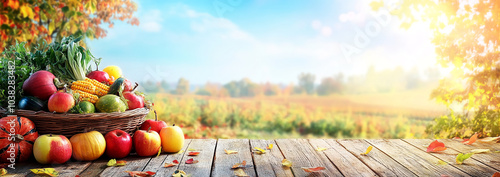 A basket of fresh fruits and vegetables sits on a wooden table in a fall field. Thanksgiving day
 photo