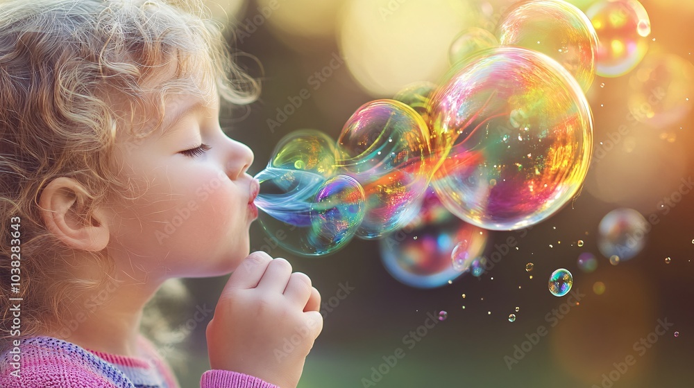 Child Blowing Colorful Bubbles in Nature