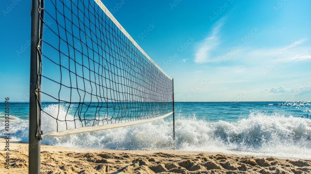 A lively game of beach volleyball on sandy shores, Volleyball net set against a backdrop of crashing waves, Coastal sport style A lively game of beach volleyball on sandy shores, Volleyball net set against a backdrop of crashing waves, Coastal sport style