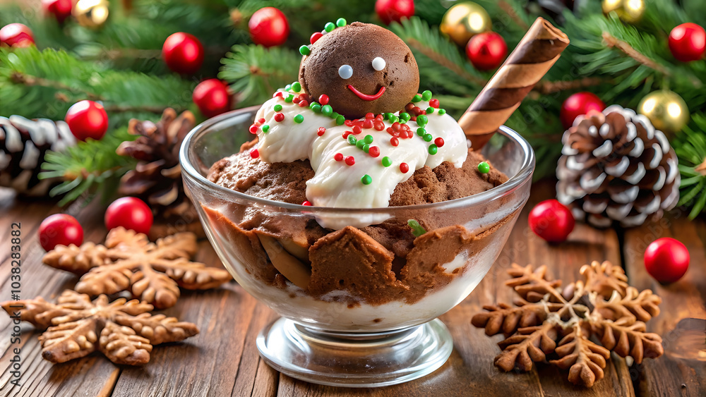 Chocolate Gingerbread Ice Cream Sundae with Christmas Sprinkles. Perfect for: Christmas, winter holidays, festive desserts Chocolate Gingerbread Ice Cream Sundae with Christmas Sprinkles. Perfect for: Christmas, winter holidays, festive desserts