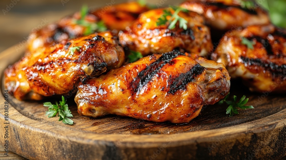 Close-up of grilled chicken wings with a golden-brown, crispy exterior and juicy interior, set against a rustic background, highlighting the rich flavors and appealing textures of the dish Close-up of grilled chicken wings with a golden-brown, crispy exterior and juicy interior, set against a rustic background, highlighting the rich flavors and appealing textures of the dish