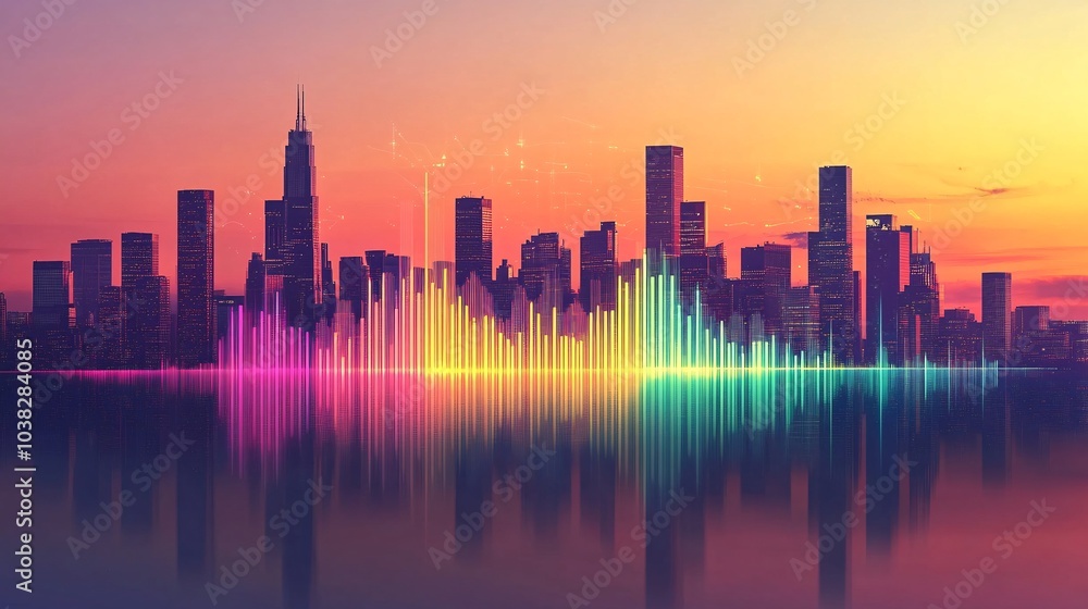 Vibrant City Skyline at Dusk with Sound Waves Vibrant City Skyline at Dusk with Sound Waves