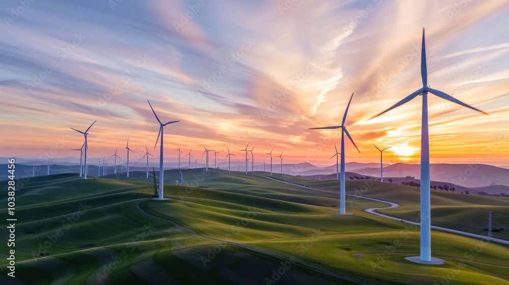 A picturesque wind farm on rolling green hills at sunset, with wind turbines silhouetted against a vibrant orange and pink sky, casting long shadows A picturesque wind farm on rolling green hills at sunset, with wind turbines silhouetted against a vibrant orange and pink sky, casting long shadows