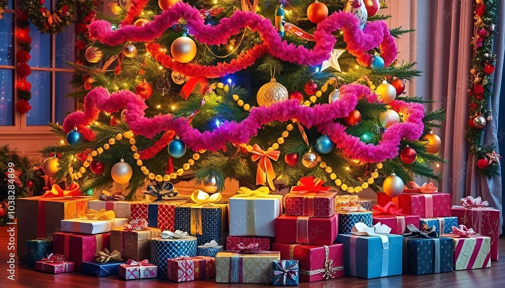 Naklejka premium a Christmas tree with decorations and gift boxes under it