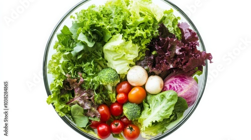 Freshly Harvested Salad Greens and Veggies in a Glass Bowl