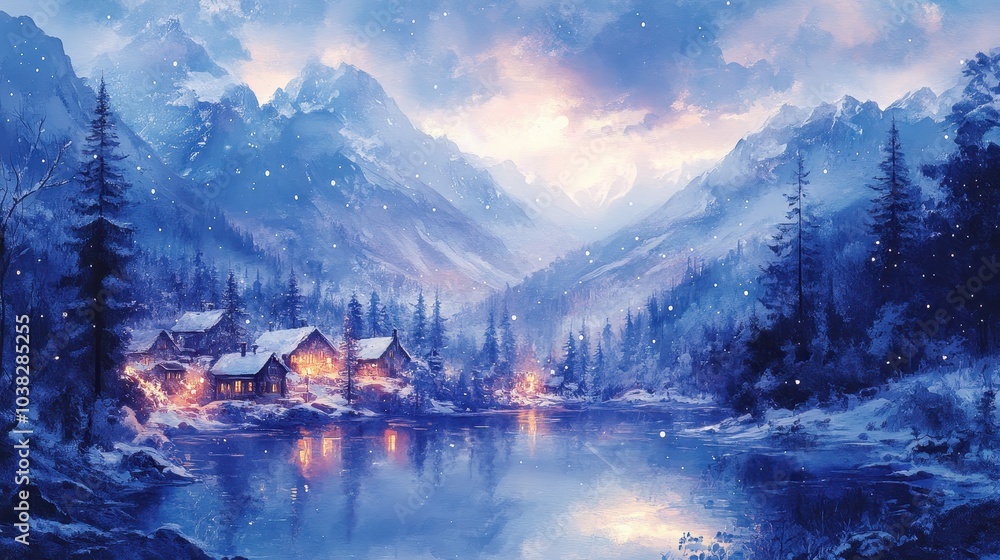 Fototapeta premium The Illustrated landscape aquarelle with water colors of a small village during Christmas holidays under mountains with snow. New Years Eve full of neon lights and colors.