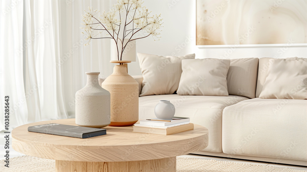 Decorative vases on modern coffee table with home decor elements in stylish living room Decorative vases on modern coffee table with home decor elements in stylish living room