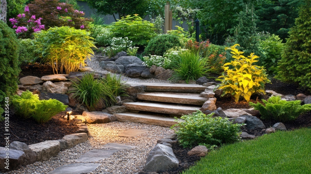 Tranquil Garden Pathway with Lush Greenery and Lights Tranquil Garden Pathway with Lush Greenery and Lights