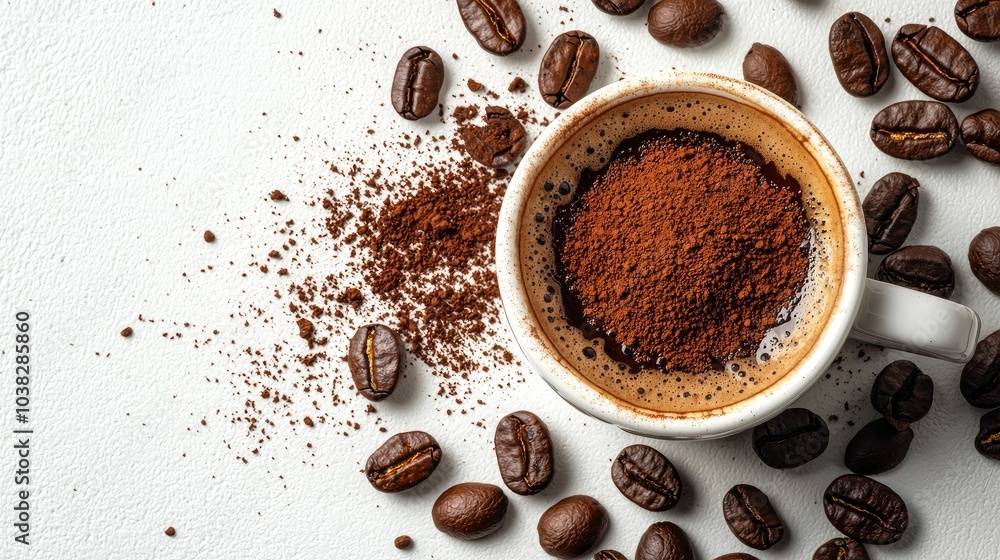 cup of coffee and coffee beans on a white background. selective focus cup of coffee and coffee beans on a white background. selective focus