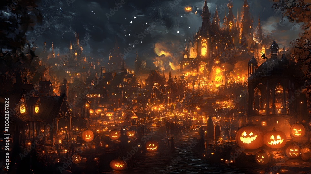 Fototapeta premium A Halloween scene with many pumpkins hanging from trees and lights. Scene is spooky and festive