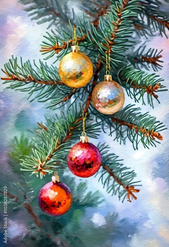Sparkling ornament balls in vibrant red and gold hang from a lush spruce tree branch. Soft, warm lights twinkle enhancing festive spirit of Christmas. Happy New Year. Art drawing. Generative AI Sparkling ornament balls in vibrant red and gold hang from a lush spruce tree branch. Soft, warm lights twinkle enhancing festive spirit of Christmas. Happy New Year. Art drawing. Generative AI