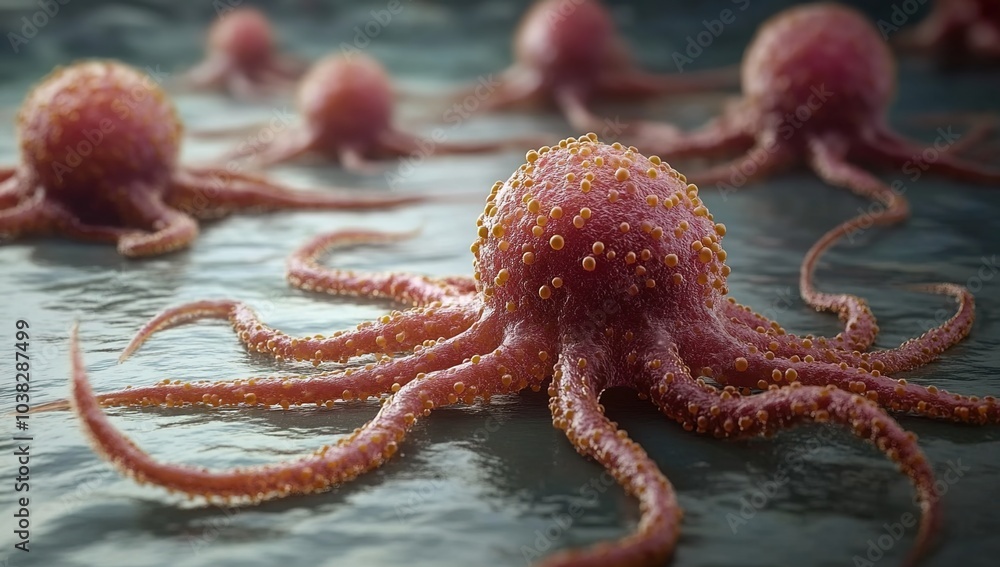 Naklejka premium 3D-rendered image of octopus-like cancer cells moving and crawling on a flat surface.