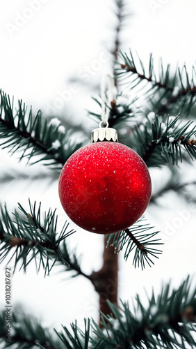 red ornament hangs on a snowy pine branch