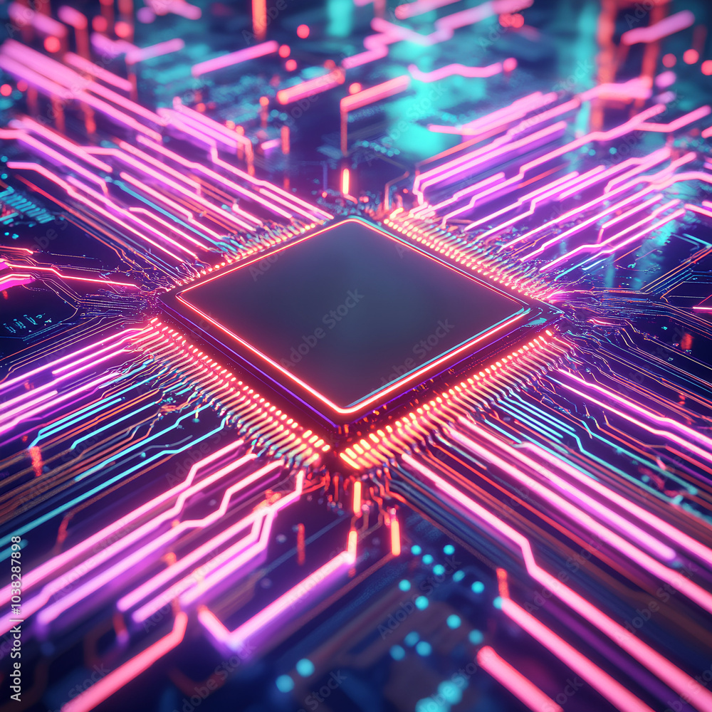 A futuristic-looking circuit board with flowing neon lights, representing the fast, dynamic nature of technology A futuristic-looking circuit board with flowing neon lights, representing the fast, dynamic nature of technology