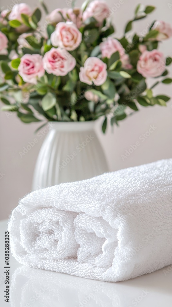 A serene scene featuring a rolled white towel next to a vase of soft pink roses, evoking a sense of relaxation and elegance. A serene scene featuring a rolled white towel next to a vase of soft pink roses, evoking a sense of relaxation and elegance.