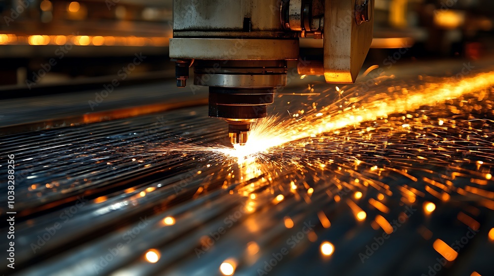 Sheets of metal are cut precisely by laser-guided cutting machines in a streamlined process. Sheets of metal are cut precisely by laser-guided cutting machines in a streamlined process.