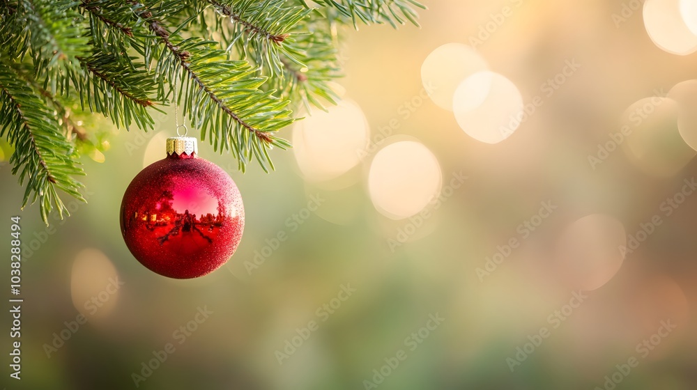 A Single Red Christmas Ornament Hanging From a Pine Branch A Single Red Christmas Ornament Hanging From a Pine Branch