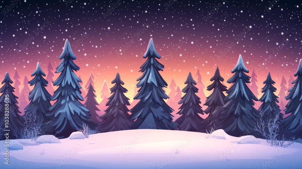 Fototapeta premium Snowy forest landscape with twilight sky and tall pine trees, soft winter ambiance.