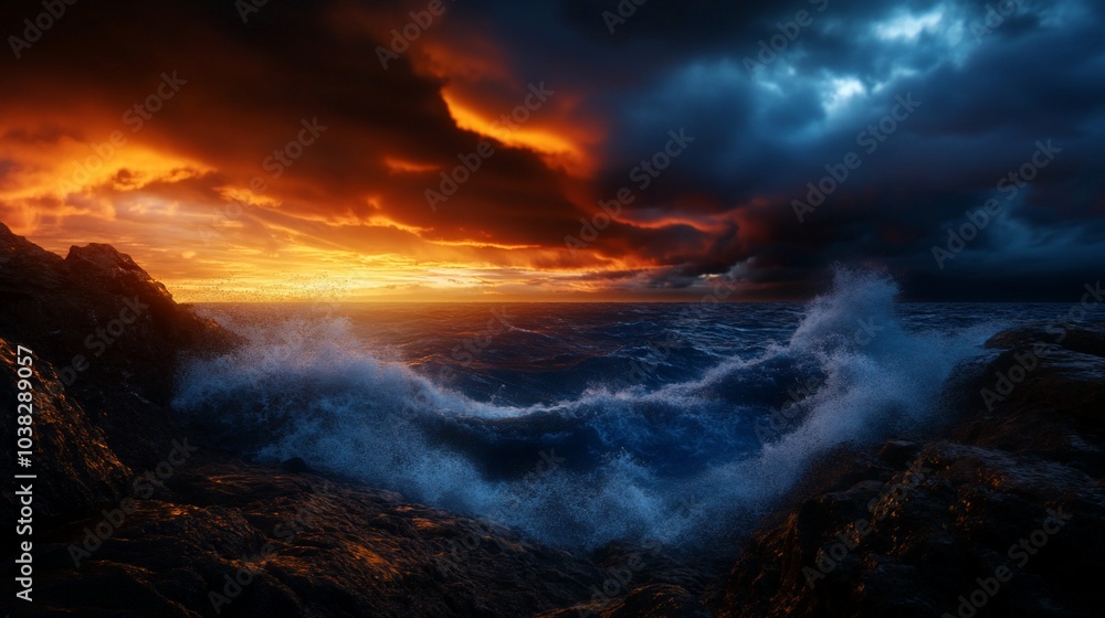 Obraz premium Dramatic sunset over stormy ocean with dark clouds, waves crashing against rocky shore.