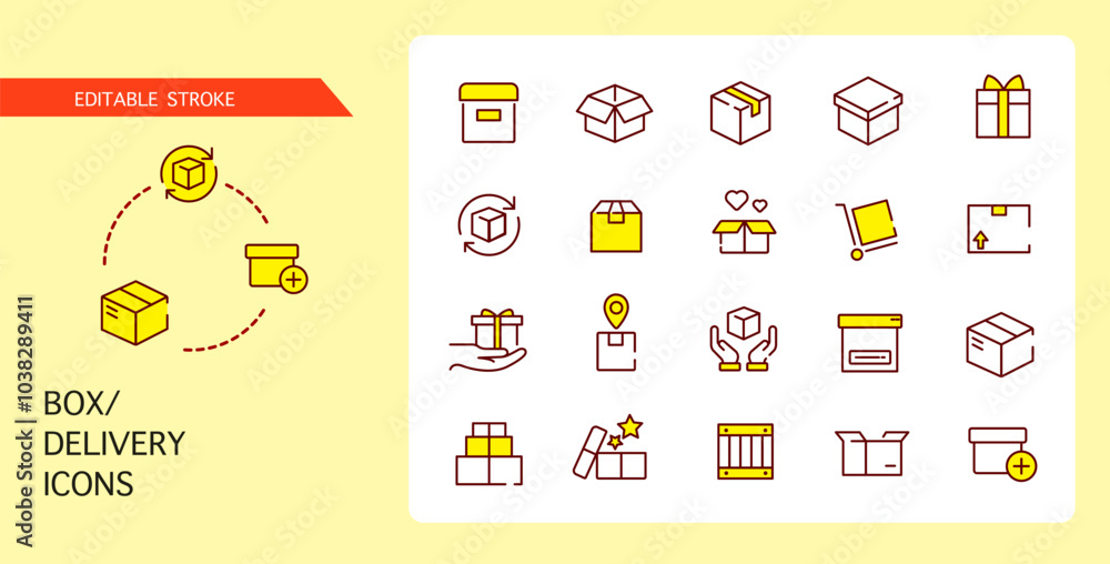 A delivery box. Package. Delivery. Container. Logistics. A set of editable icons. Linear style. Vector. Delivery Icons A delivery box. Package. Delivery. Container. Logistics. A set of editable icons. Linear style. Vector. Delivery Icons
