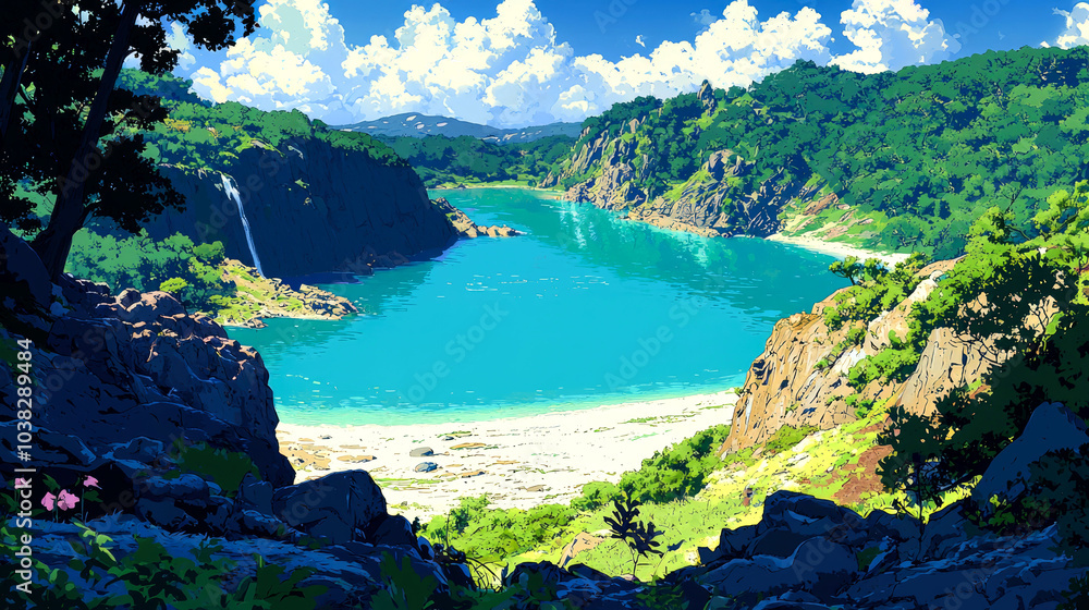 Obraz premium A breathtaking view of a serene lake nestled between verdant hills, with a cascading waterfall adding to the beauty.