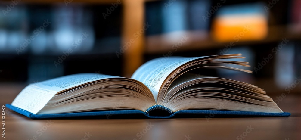 Fototapeta premium Open book on a table with blurred bookshelf in the background.