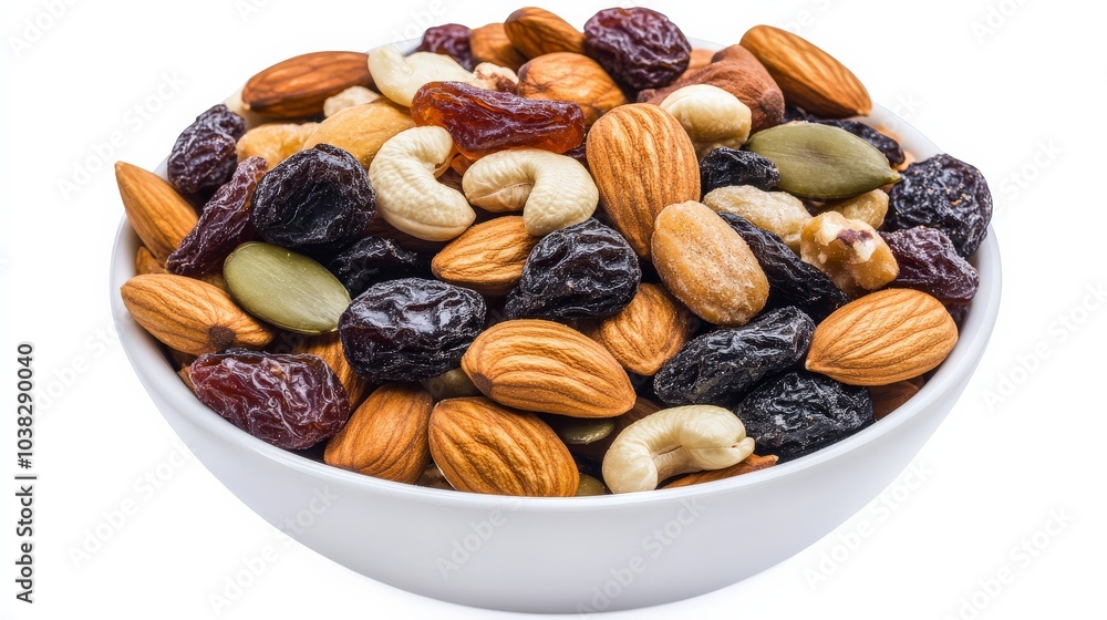 Assorted Healthy Nuts and Dried Fruits on a White Bowl Assorted Healthy Nuts and Dried Fruits on a White Bowl