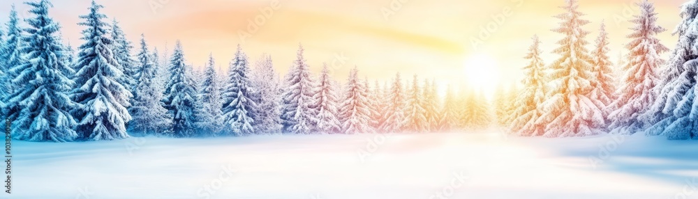 Fototapeta premium Snowy landscape with pine trees and a bright sunrise in a winter setting.