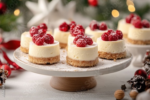 festive mini cheesecakes, small cheesecakes on a delicate stand, a delicious bite-sized choice for dessert enthusiasts, set against a festive christmas backdrop