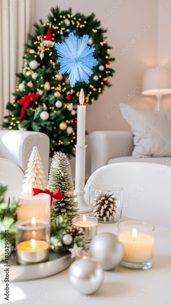 festive table setting with a decorated evergreen tree the background festive table setting with a decorated evergreen tree the background
