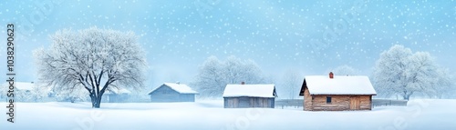 Snowy landscape with trees and houses under a blue sky, serene winter scene.