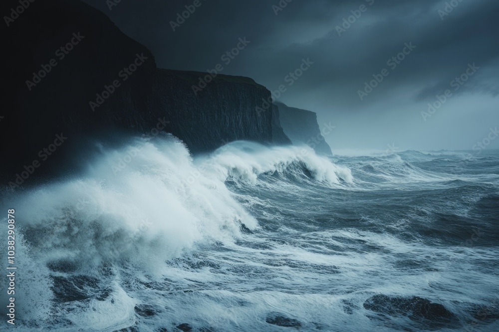 Dramatic waves crash against dark cliffs in a stormy ocean scene. The tumultuous water reflects the fury of nature. A moody and artistic representation of the sea. Generative AI