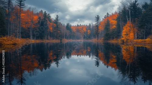 Forest reflected in still water with cloudy sky overhead.