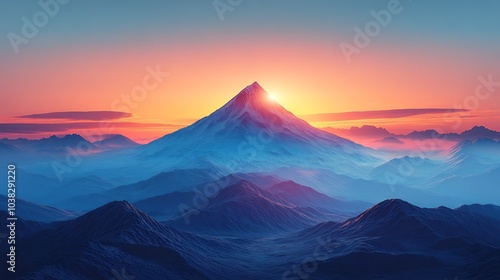 Minimalist depiction of a single mountain peak piercing the horizon beneath a breathtaking sky fading from gentle pastel hues to deep twilight tones capturing the beauty of the untouched wilderness