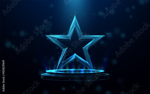 Futuristic glowing 3D star on a digital platform with blue light effects